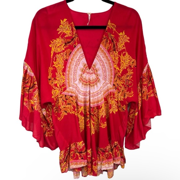 Free People Sunset Dreams V Neck Ruffle Bell Sleeve Tunic Blouse Top oversized - Picture 10 of 15